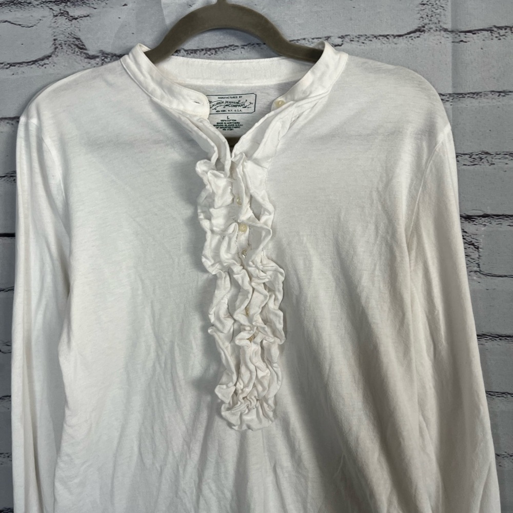 Vintage Lauren Jeans Co Ralph Lauren White Cotton Ruffle Half-Button Blouse L - Picture 5 of 14